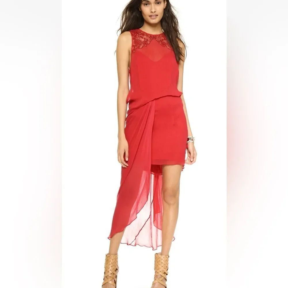 Free People Chili Red Asymmetrical Chiffon Elegant Red Sleeveless Dress